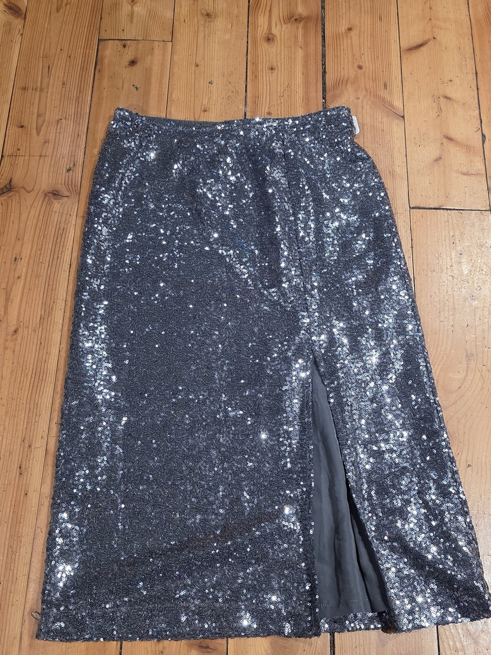 Black Sequin Midi Skirt with Front Slit